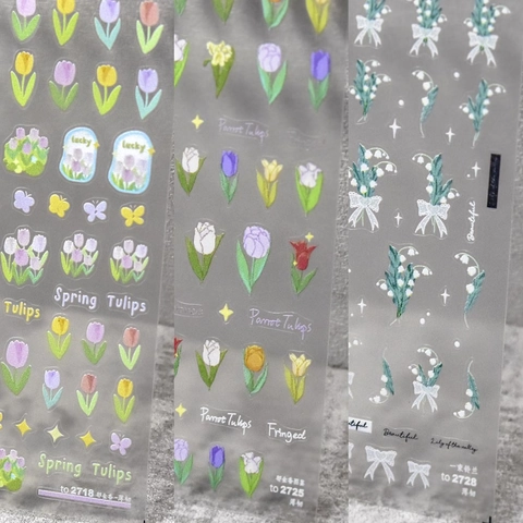 Nail Art Stickers Floral Tulip Lily Of The Valley Relief Thin Adhesive Manicure Decoration Flower Butterfly Design