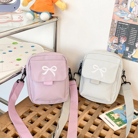 Borsa A Tracolla In Nylon Piccola Borsa Quadrata Con Ricamo A Fiocco Tracolla Regolabile Dolce Borsa A Spalla Casual Per Donna