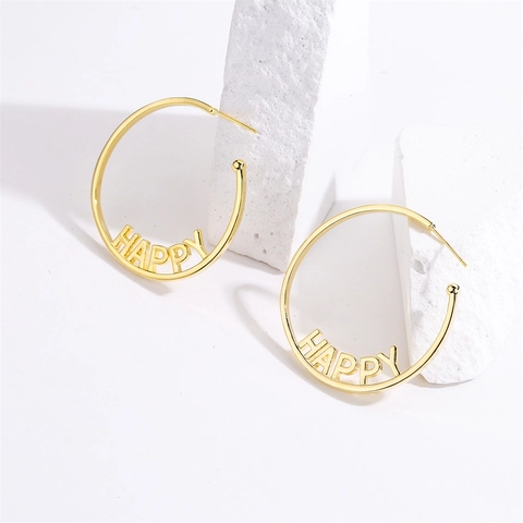 Happy Letter Hoop Oorbellen Verguld Koper Met 925 Sterling Zilveren Oorknopjes Mode Sieraden Dames
