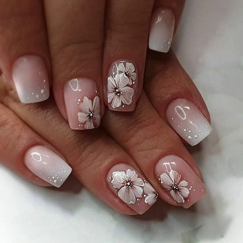 Press On Nails Pink Ombre White Flower Polka Dot Short Square Artificial ABS False Fake Nails Elegant Manicure For Women