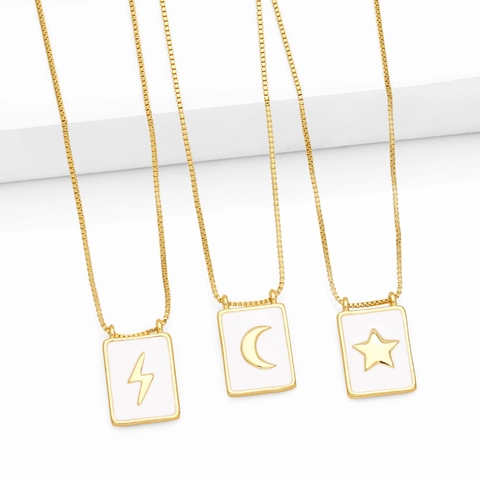 Square Pendant Necklace Gold Plated Brass Enamel Zircon Lightning Star Moon Box Chain Clavicle Necklaces For Women