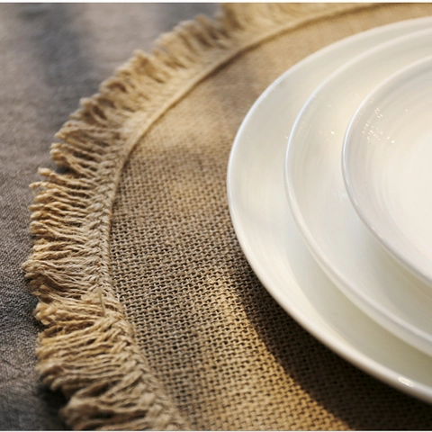 Round Jute Placemats Bohemian Mandala Printed Heat Resistant Tassel Non Slip Natural Woven Cotton Linen Dining Table Decor
