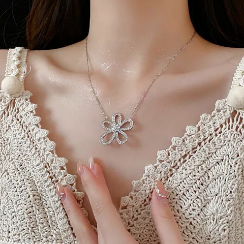 Hollow Flower Copper Cubic Zirconia Necklace And Earrings With Silver Earring Post Fashion For Women