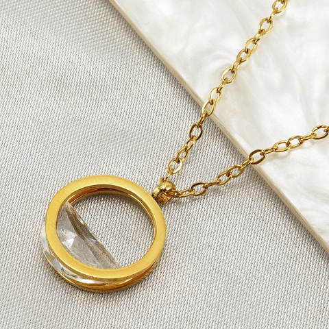 Collana Con Pendente In Zircone Tondo Acciaio Inossidabile Placcato Oro 18K Gioielli Eleganti Minimalisti Donna