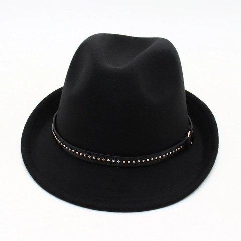 Black Fedora Hat Cotton Felt Jazz Trilby With Riveted Leather Band For Magic Stage Performance Punk Urban Style