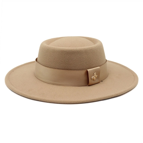 Vintage Boater Hat Elegant Wool Felt Flat Top Fedora With Wide Brim Satin Band Gold Metal Bee Decor For Women Men