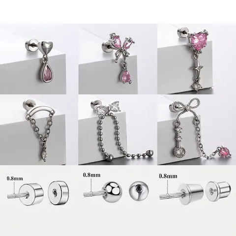 Titanium Steel Bow Heart Zircon Cartilage Earring Stud Screw Back Butterfly Pink Piercing Jewelry