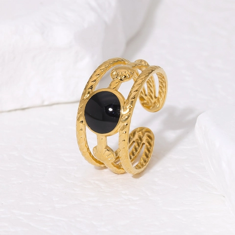 Vintage French Style 18K Gold Plated Stainless Steel Open Ring Triple Layer Twist Adjustable Shell Enamel For Women