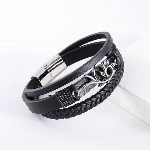 Pulsera De Cuero Trenzado De Varias Capas Para Hombre Con Cierre Magnético De Acero Inoxidable 304 Patrón De Sol Tribal Estilo Punk Vintage