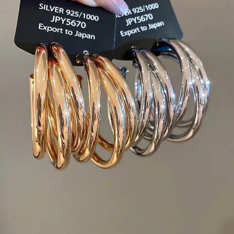 Multi-Layer-Creolen Mit 925er Sterling Silber Ohrstecker Geometrische C-Form Metall Rund Für Frauen Minimalistischer Stil