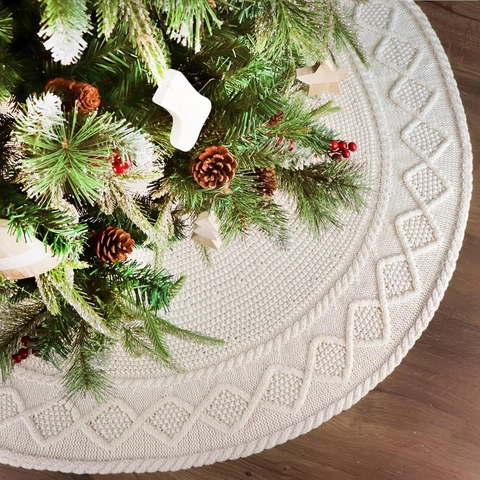 Christmas Tree Skirt Knitted White Cable Knit Diamond Pattern Decoration With Ties Closure