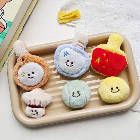 Cute Cartoon Sports Racket Plush Brooch DIY Accessories Soft Stuffed Badminton Ping Pong Tennis Shapes Smiley Face Embroidery Craft Decorations