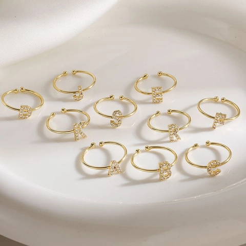 Minimalist Copper Rhinestone 26 English Alphabet Open Ring For Women Adjustable Initial Finger Ring Fashion Niche Jewelry