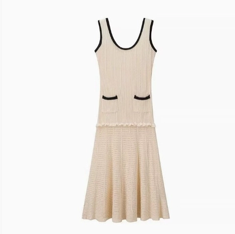 Women Knit Midi Dress Sleeveless U Neck Contrast Trim Ribbed Hollow Pleated Hem Elegant Style