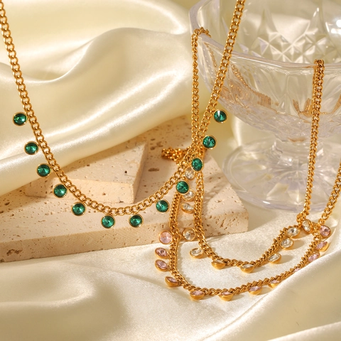 Round Zircon Tassel Necklace Stainless Steel Gold Plated Cuban Chain Colorful Crystal Pendant Jewelry For Women