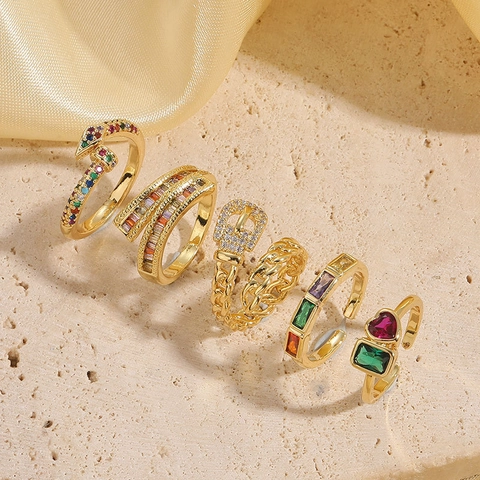 Geometric Colorful Zircon Rings Copper 14K Gold Plated Adjustable Open Jewelry For Women