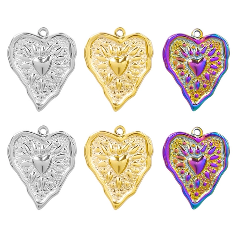Ciondolo Cuore Charms Acciaio Inossidabile 304 Placcato Oro 18K Trama Martellata Rilievo Per Creazione Gioielli DIY