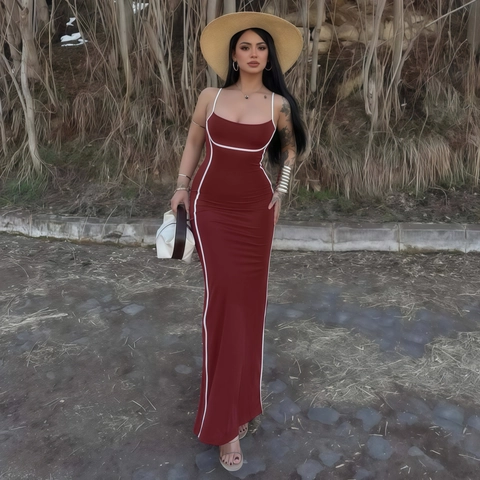 Vestito Lungo Bodycon Da Donna Bordatura A Contrasto Spalline Sottili Senza Maniche Poliestere Elastan Estate