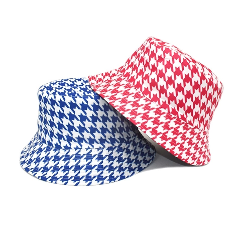 Bob Motif Pied De Poule Polyester Protection Solaire Réversible Large Bord À La Mode Pour Femmes