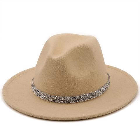 Cappello Fedora A Tesa Larga In Feltro Di Lana Jazz Cap Con Fascia Di Strass Glitterati Accessorio Moda Party