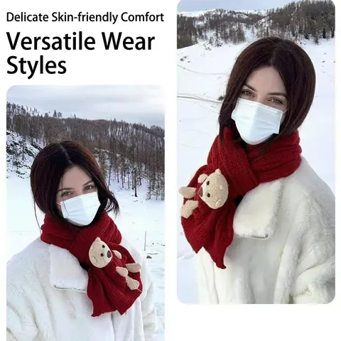 Écharpe Tricotée Noël Douce Chaude Hiver Cache-Col Motifs Dessin Animé Ours Renne Accessoire Femmes Filles Cadeau Vacances