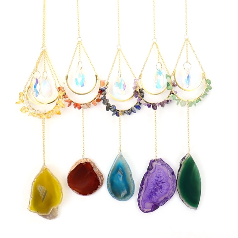 Natural Agate Slice Crystal Suncatcher Hanging Ornament Moon Frame Healing Stone Bohemian Window Wall Home Decor