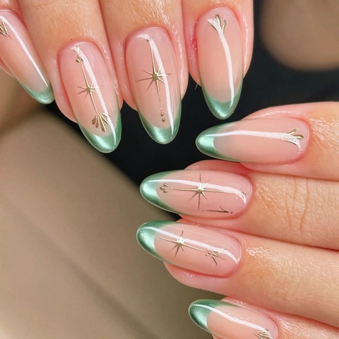 Press On Nails Cat Eye French Metallic Green Almond Shape Star Pattern Decorative Artificial Fingernails For Women