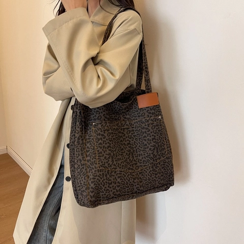 Borsa Tote In Tela Con Stampa Leopardata Da Donna Borsa A Mano Grande Capacità Con Tasca Esterna E Bottoni A Pressione