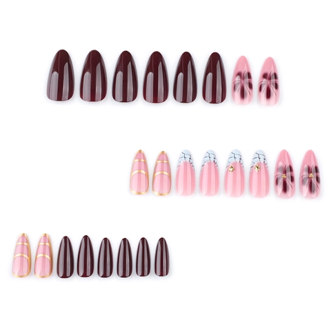 Almond Press On Nails French Style Flower Pattern Glossy Marble Texture Elegant False Nail Tips For Women