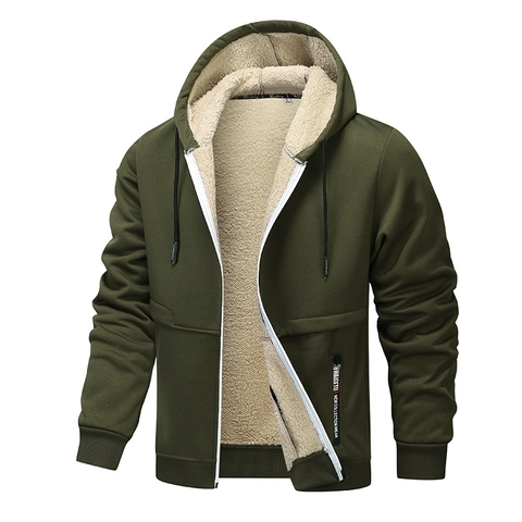 Men Zip Up Hoodie Sherpa Lined Heavyweight Fleece Jacket Warm Hooded Sweatshirt Casual Winter Outwear Solid Color Top