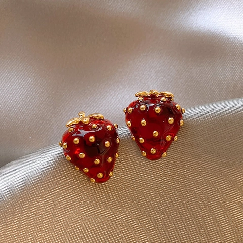 Orecchini Rossi Da Donna Moda Lega Cuore Fragola Ciliegia Lobo Pendenti Gioielli Con Perno In Argento Stile Retrò