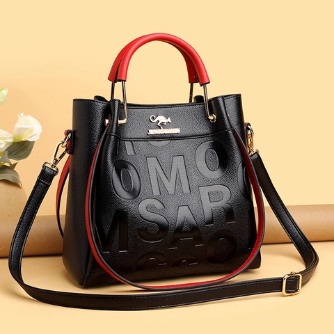 Women Handbag PU Leather Lychee Grain Embossed Large Capacity Crossbody Shoulder Bag Contrast Color Gold Hardware Scarf