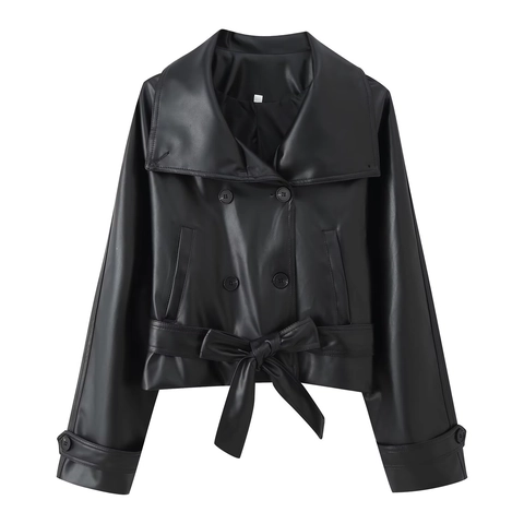Dames Mode PU Leer Korte Trenchcoat Double-Breasted Revers Jas Met Riem Effen Kleur Winddichte Bovenkleding Casual