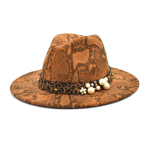 Sombrero Fedora Vintage Estampado Serpiente Banda Leopardo Perla Artificial Flor Decoración Ala Ancha Fieltro Lana Jazz Mujer Hombre