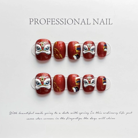 Handmade Press On Nägel Rot 3D Relief Löwentanz Chinesischer Stil Professionelle Tragbare Falsche Nägel Für Frauen