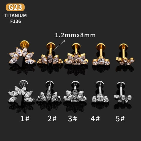 G23 Titanium Zircon Labret Stud Lip Ring Ear Cartilage Piercing Jewelry Flower Crown Shape Elegant