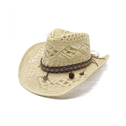 Cappello Da Cowboy In Paglia Intreccio Traforato Con Nastro Etnico Protezione Solare Stile Vacanza Mare Per Donne Uomini