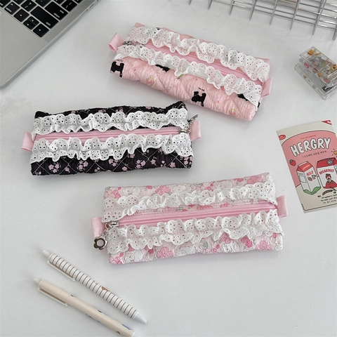 Trousse À Crayons En Dentelle Matelassée Kawaii Grande Capacité Sac De Rangement Pour Papeterie Motif Floral Animal Filles Étudiants Doux