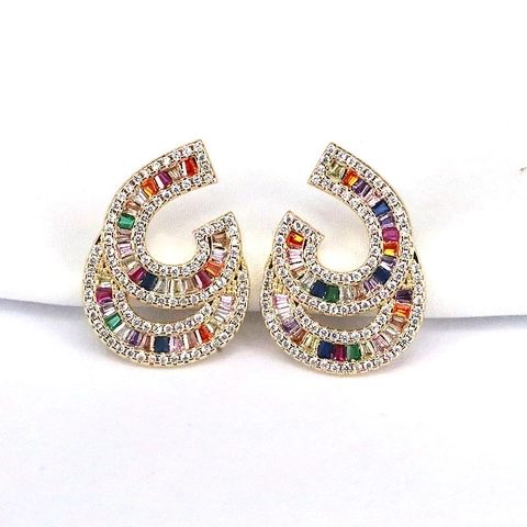 Geometric Zirconia Double Layer Copper Stud Earrings For Women Fashion Gold Zirconia Inlaid Elegant Jewelry Accessories