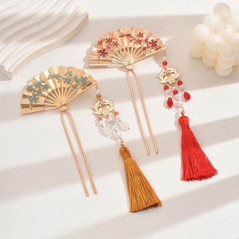 Fan Shaped Metal Hair Stick Vintage Chinese Style With Tassel And Artificial Pearl Beads Hanfu Qipao Wedding Jewelry For Women