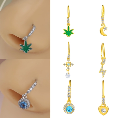Trendy Copper Rhinestone Nose Rings Butterfly Heart Moon Lightning Pendant Nose Hoops Piercing Jewelry For Women