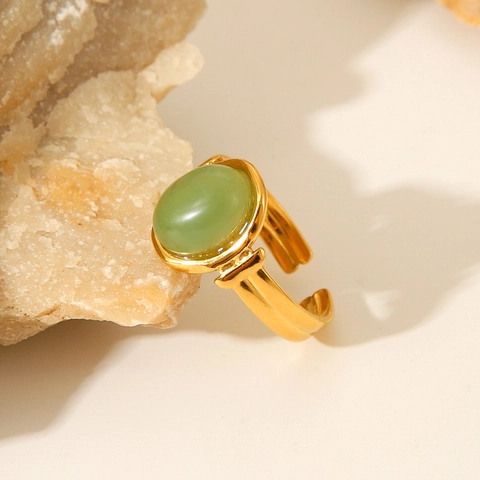 Anello Aperto In Acciaio Inossidabile Placcato Oro 18K Stile Francese Vintage Da Donna Con Pietra Preziosa Verde Ovale Retro