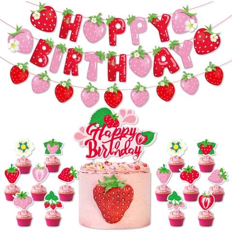 Erdbeere Happy Birthday Banner Girlande Erdbeergirlande Tortendeko Frucht Thema Party Dekoration Zubehör Für Mädchen Kinder
