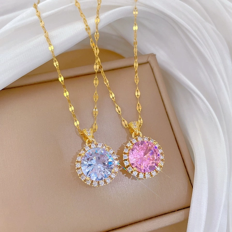 Elegante Ronde Zirkoon Hanger Ketting Titanium Stalen Ketting Koper Micro Ingelegd Verguld Exquise Sleutelbeenketting Sieraden