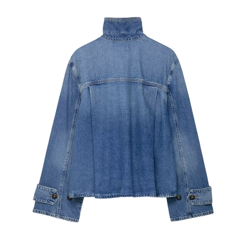 Giacca Di Jeans Da Donna Cotone Lavato Collo Alto Polsini Oversize Piega Posteriore Streetwear Casual Vestibilità Boxy Blu