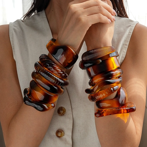 Pulsera De Puño De Acrílico Ámbar Retro Brazalete De Resina Redondo Geométrico Irregular Para Mujeres Accesorio De Moda Vintage