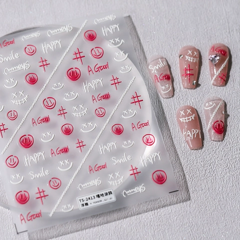 Pegatinas Uñas Relieve 3D Auto Adhesivas PET Hip Hop Graffiti Sonrisa Hashtag Letra Decoración Manicura