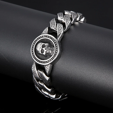 Pulsera Hombre Acero Inoxidable 316L Colgante Calavera Patrón Griego Cadena Cubana Hip Hop Punk Joyas Vintage
