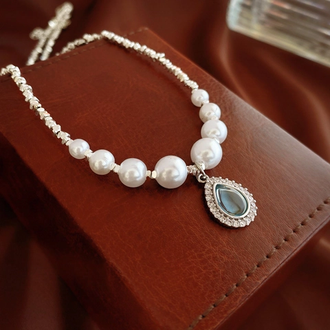 Collar Con Colgante De Gota De Agua Aleación Circonita Azul Imitación Perla Artificial Vintage Elegante Joyería Mujeres