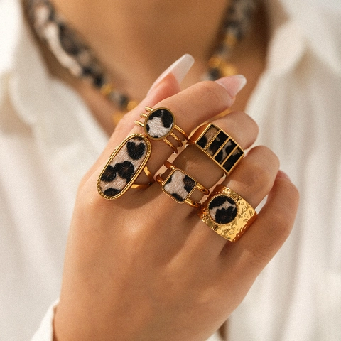 Geometrische Leopard Print Offene Ringe Kollektion Edelstahl Gold Vergoldet Vintage Luxus Finger Schmuck Damen